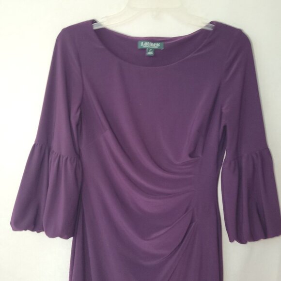 Lauren Ralph Lauren Dress Womens 6 Purple Sinch‎ Side 3/4 Bell Sleeve Scuba Knit - Picture 2 of 14